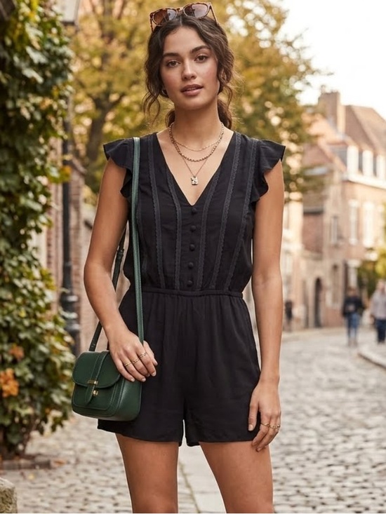 Modcloth Pants - ModCloth Black Button-Front Romper Sz Large Feminine Ruffle Cap Sleeve Bohemian